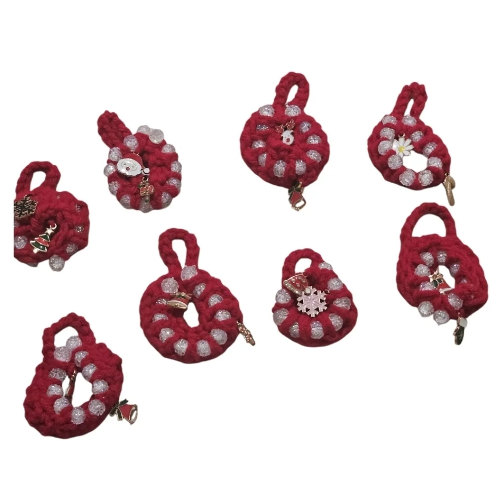 Hand Crafted Hand Crochet Christmas ornaments red beaded 8 mini holiday wreaths